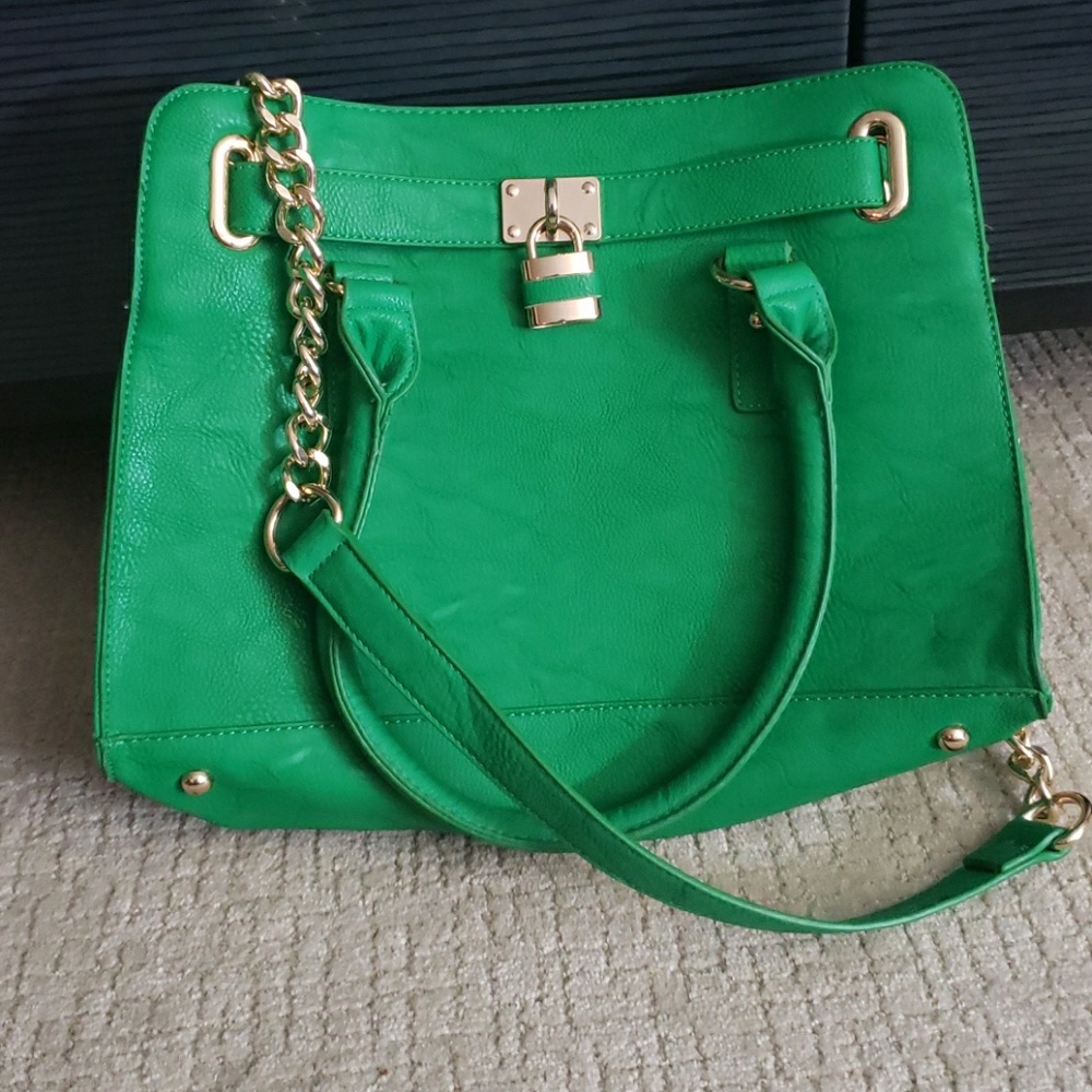 Green and gold handbag